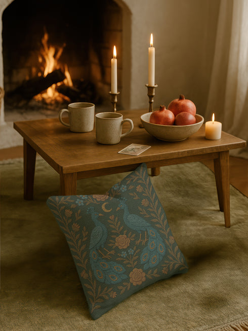 Square woven tapestry pillow featuring two symmetrical embroidered peacocks with a crescent moon and floral detailing on a dark background. The pillow measures 17x18 inches and is crafted from a cotton-polyester blend with plush poly fill. Both sides display the same ornate design. Decorative and gothic in style, suitable for cottagecore, whimsigoth, and folklore-inspired home decor settings.